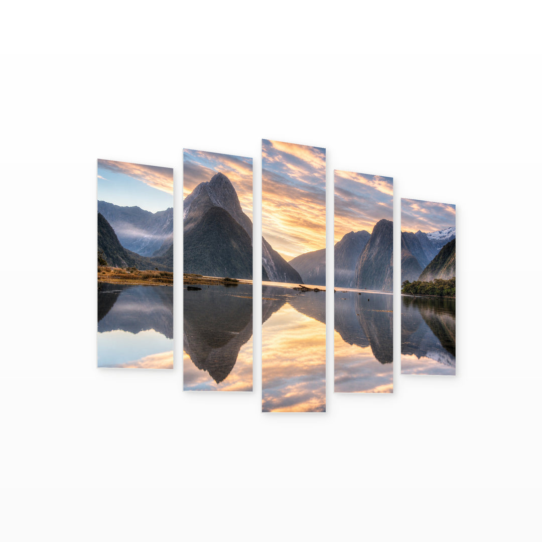 Mystical Sunrise with Geometric Rhythm — five-panel wall art on white background in perspective | 5wallart 55408 M1
