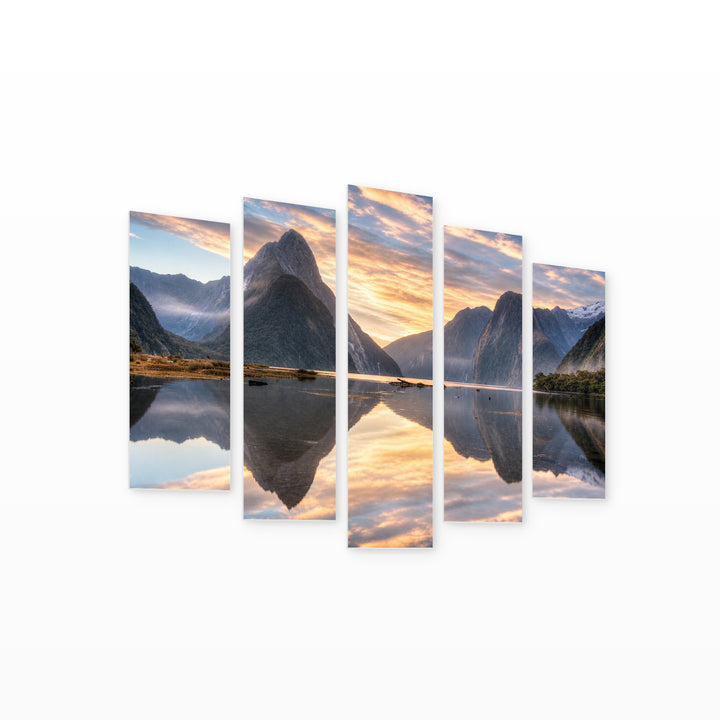 Mystical Sunrise with Geometric Rhythm — five-panel wall art on white background in perspective | 5wallart 55408 M1