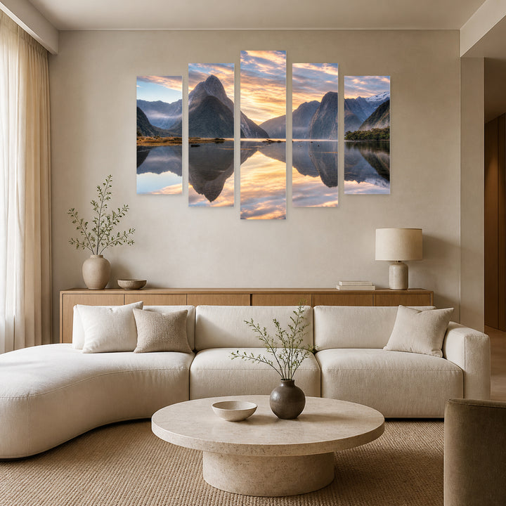 Mystical Sunrise with Geometric Rhythm — five-panel wall art in alternate frontal interior | 5wallart 55408 M4