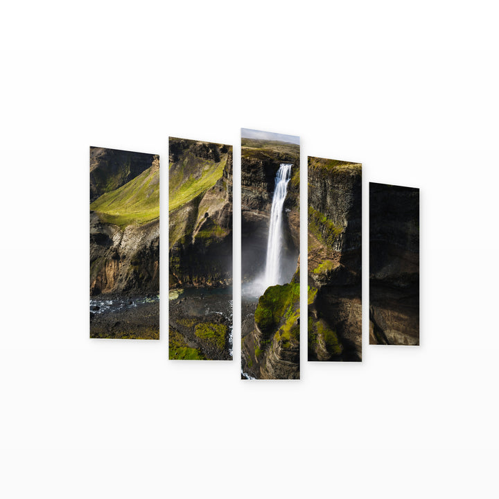 Magical Waterfall in Serene Light — five-panel wall art on white background in perspective | 5wallart 55409 M1