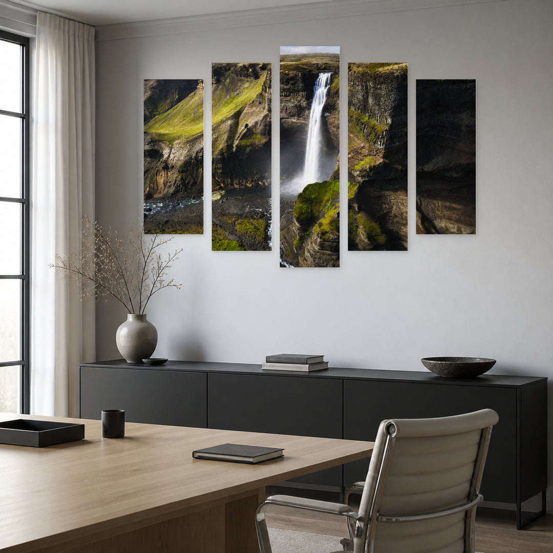 Magical Waterfall in Serene Light — five-panel wall art in alternate frontal interior | 5wallart 55409 M4
