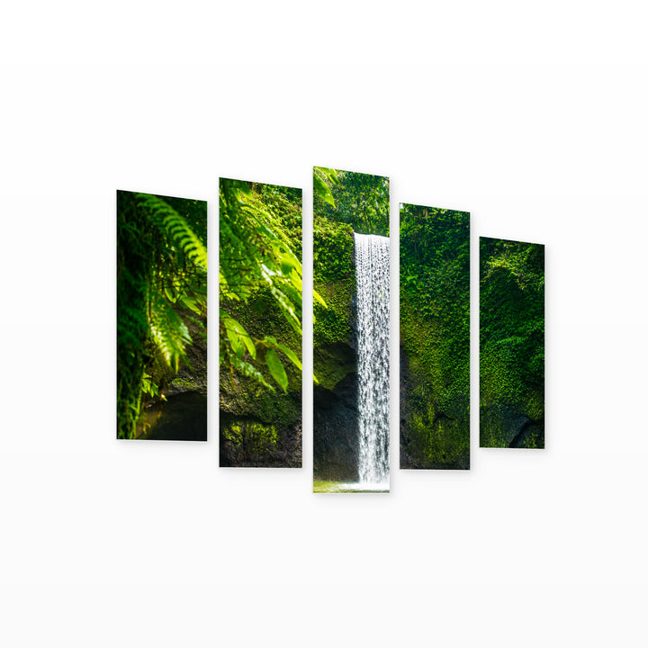 Waterfall in the Jungle in Vivid Color — five-panel wall art on white background in perspective | 5wallart 55410 M1