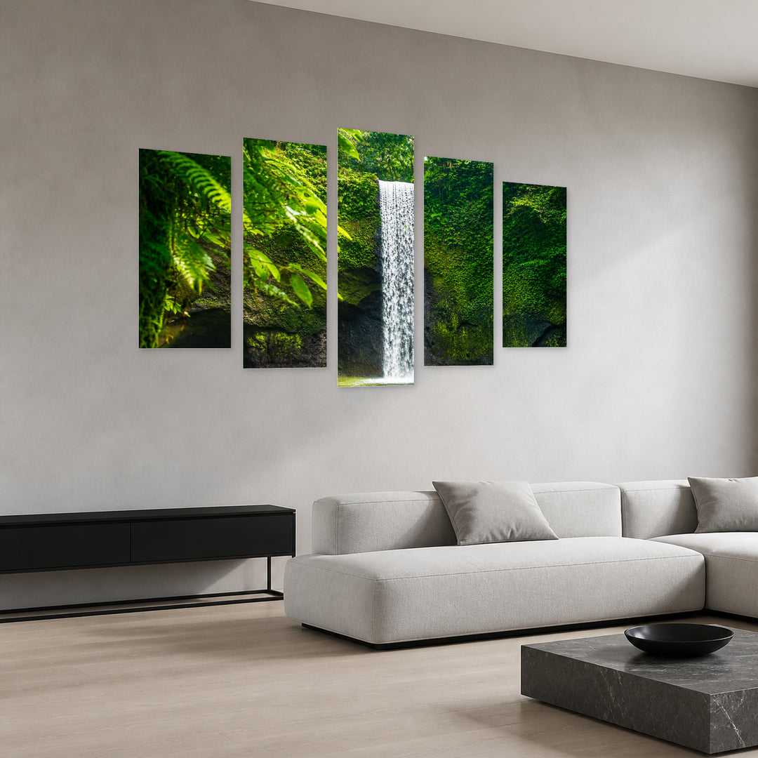 Waterfall in the Jungle in Vivid Color — five-panel wall art in perspective interior | 5wallart 55410 M2