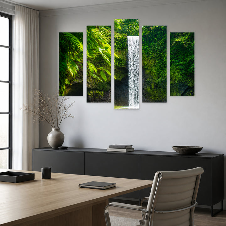 Waterfall in the Jungle in Vivid Color — five-panel wall art in frontal interior | 5wallart 55410 M3