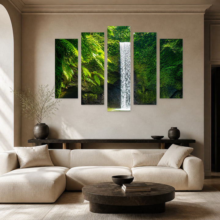 Waterfall in the Jungle in Vivid Color — five-panel wall art in alternate frontal interior | 5wallart 55410 M4