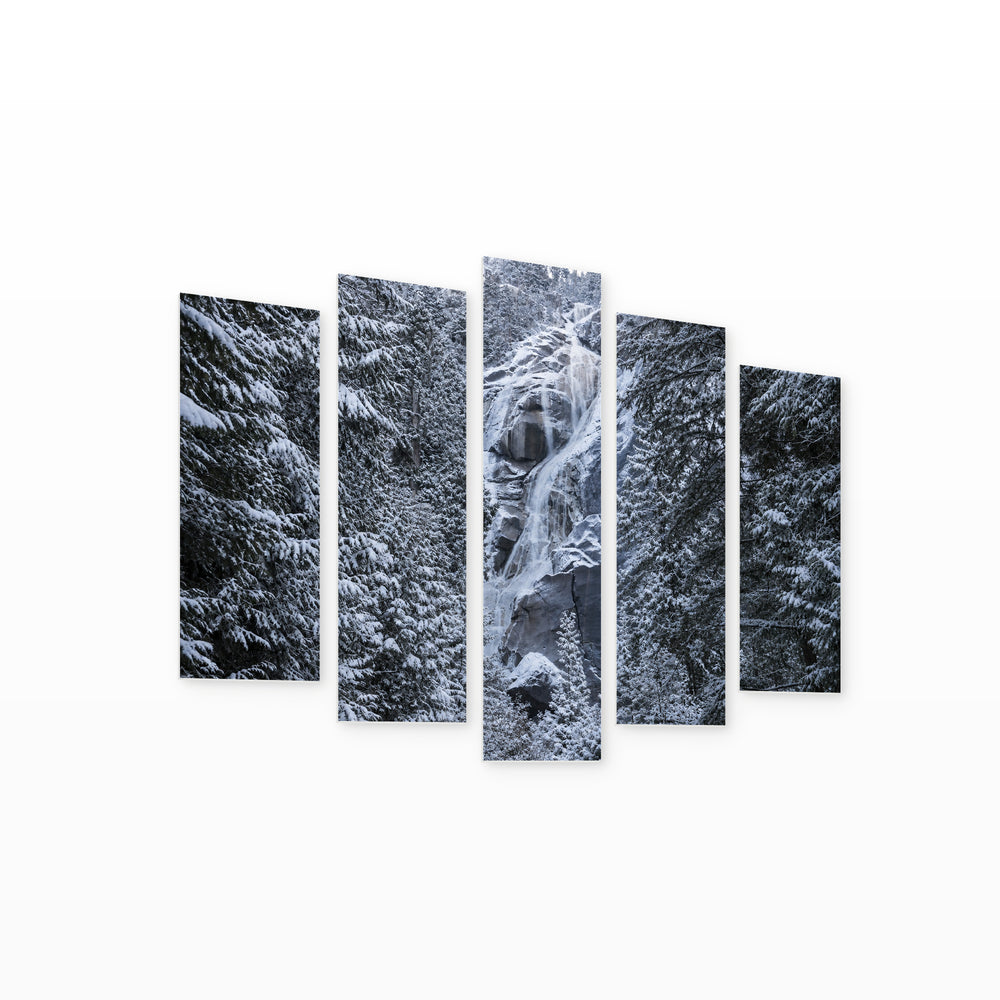Waterfall in the Forest in Winter — five-panel wall art on white background in perspective | 5wallart 55411 M1
