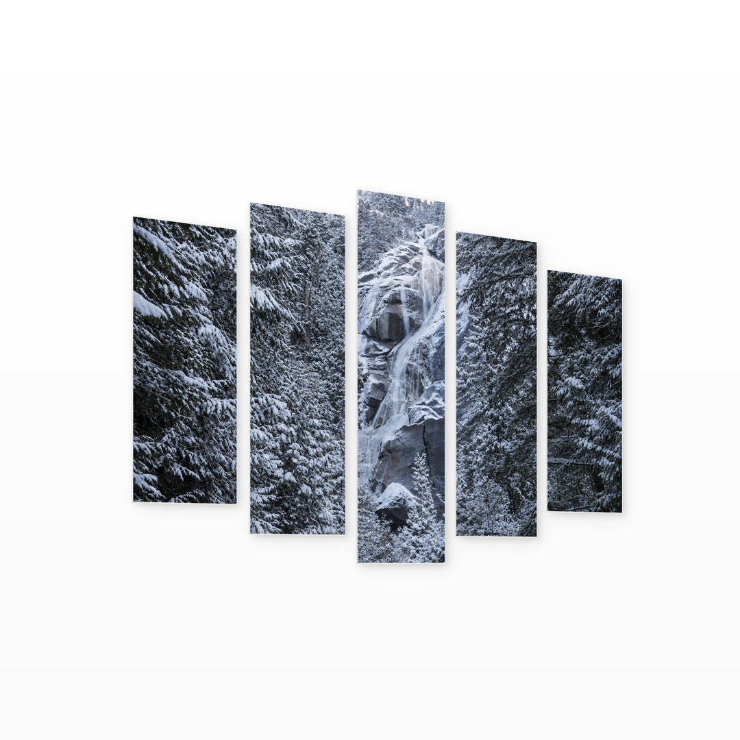 Waterfall in the Forest in Winter — five-panel wall art on white background in perspective | 5wallart 55411 M1