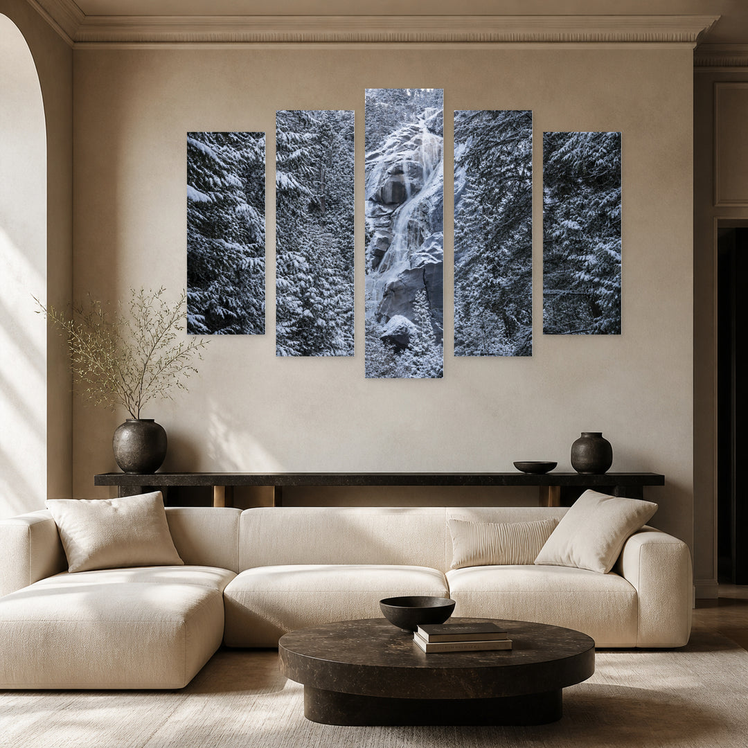Waterfall in the Forest in Winter — five-panel wall art in frontal interior | 5wallart 55411 M3