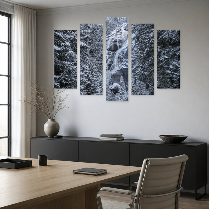 Waterfall in the Forest in Winter — five-panel wall art in alternate frontal interior | 5wallart 55411 M4