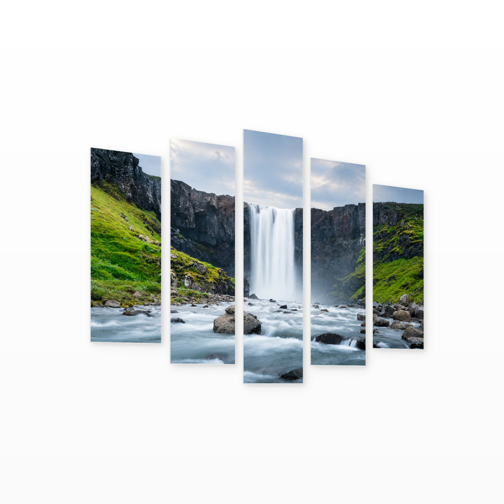 View with Waterfall in Serene Light — five-panel wall art on white background in perspective | 5wallart 55412 M1