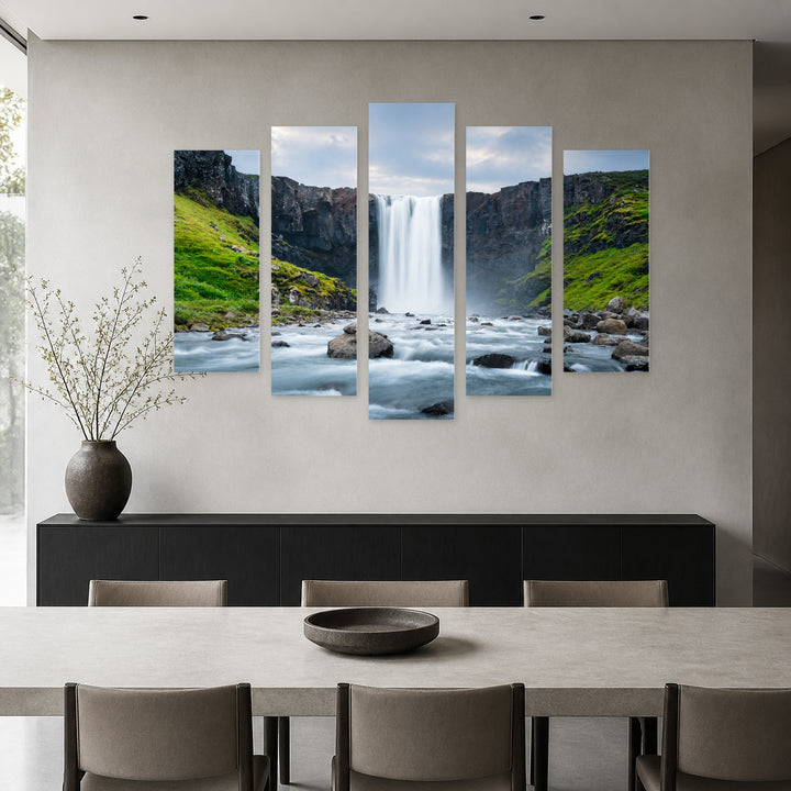 View with Waterfall in Serene Light — five-panel wall art in frontal interior | 5wallart 55412 M3