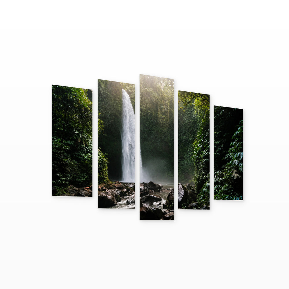 Waterfall in a Tropical Forest with Dreamlike Atmosphere — five-panel wall art on white background in perspective | 5wallart 55413 M1