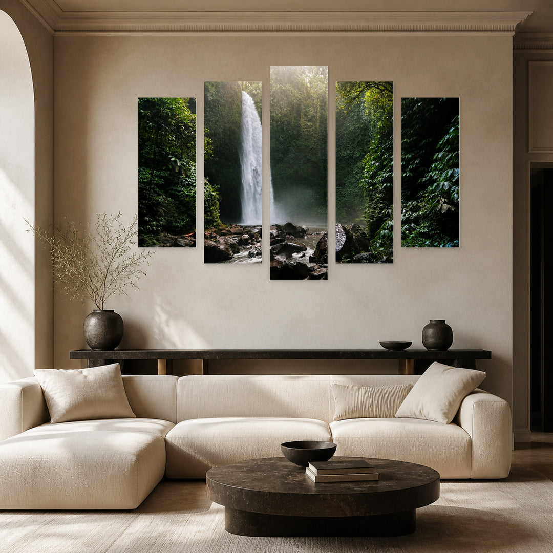 Waterfall in a Tropical Forest with Dreamlike Atmosphere — five-panel wall art in frontal interior | 5wallart 55413 M3