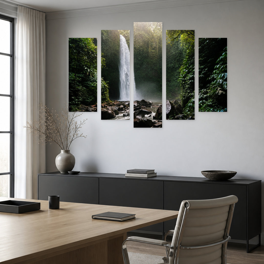 Waterfall in a Tropical Forest with Dreamlike Atmosphere — five-panel wall art in alternate frontal interior | 5wallart 55413 M4