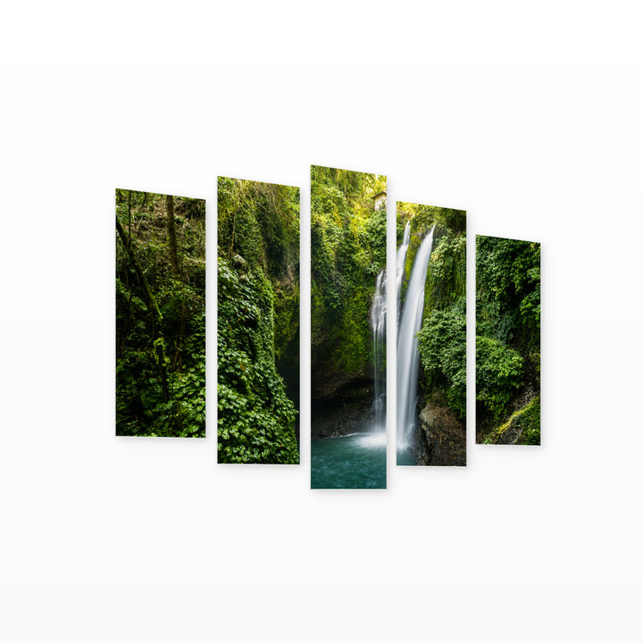 View with a Beautiful Waterfall in Serene Light — five-panel wall art on white background in perspective | 5wallart 55414 M1