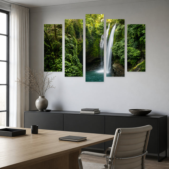 View with a Beautiful Waterfall in Serene Light — five-panel wall art in frontal interior | 5wallart 55414 M3