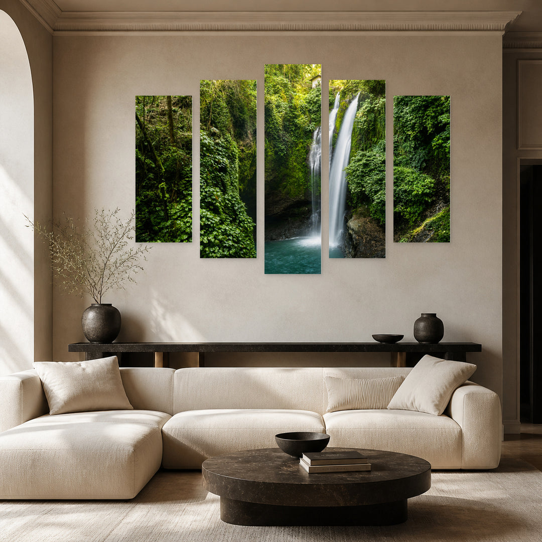 View with a Beautiful Waterfall in Serene Light — five-panel wall art in alternate frontal interior | 5wallart 55414 M4