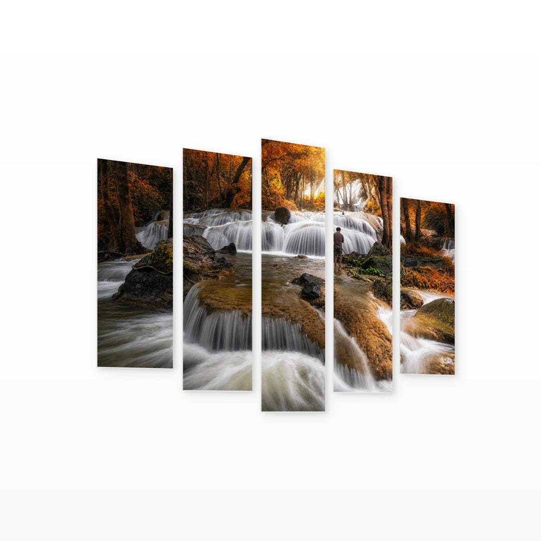 Autumn Waterfall in Serene Light — five-panel wall art on white background in perspective | 5wallart 55416 M1