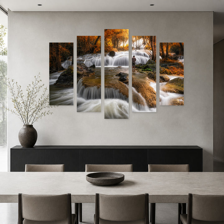 Autumn Waterfall in Serene Light — five-panel wall art in frontal interior | 5wallart 55416 M3