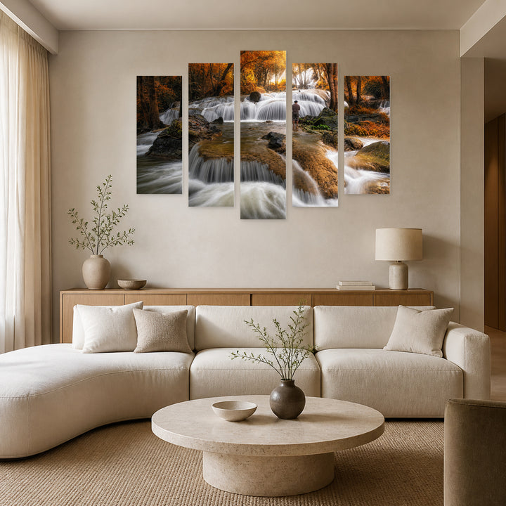 Autumn Waterfall in Serene Light — five-panel wall art in alternate frontal interior | 5wallart 55416 M4
