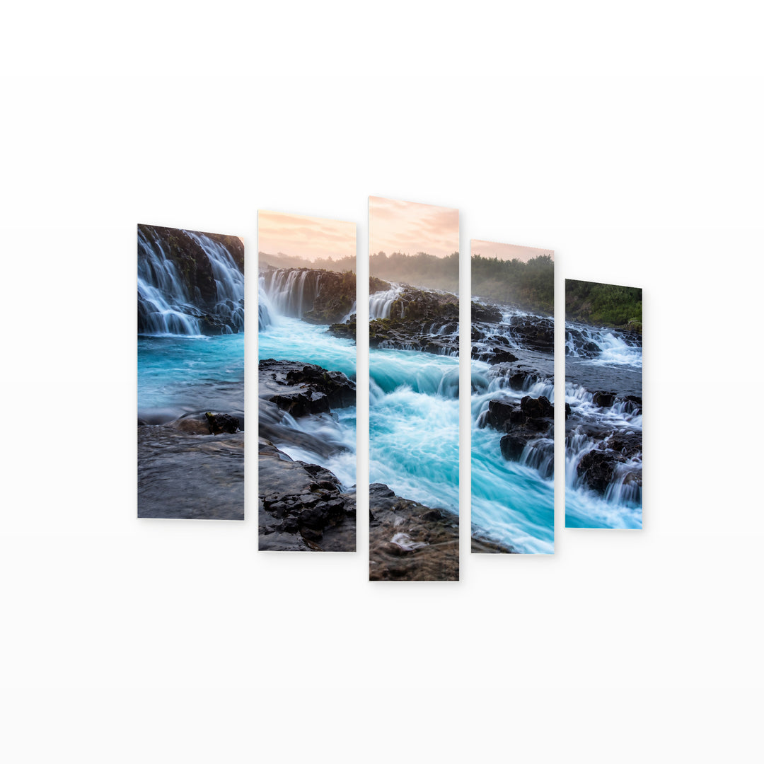 Landscape with Waterfalls in Serene Light — five-panel wall art on white background in perspective | 5wallart 55417 M1