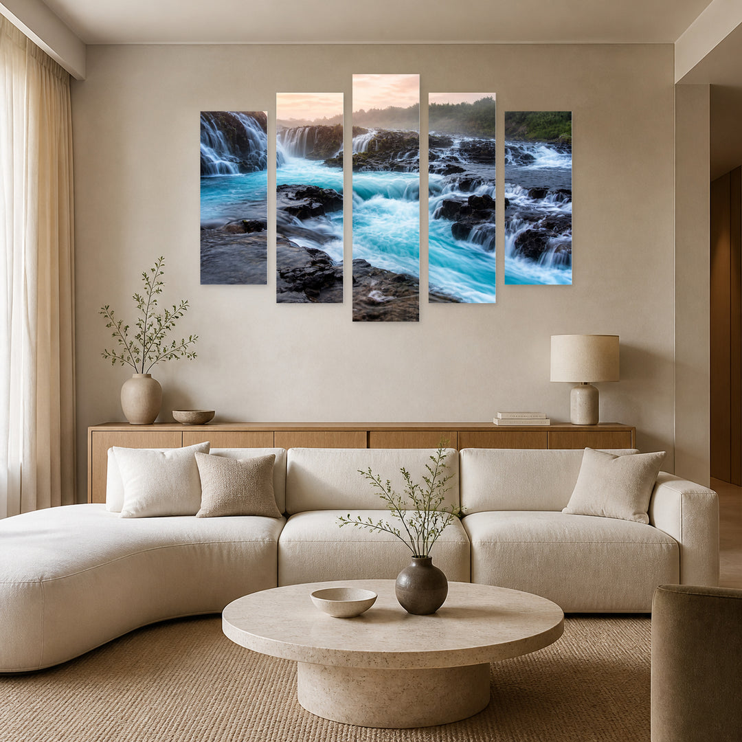 Landscape with Waterfalls in Serene Light — five-panel wall art in frontal interior | 5wallart 55417 M3