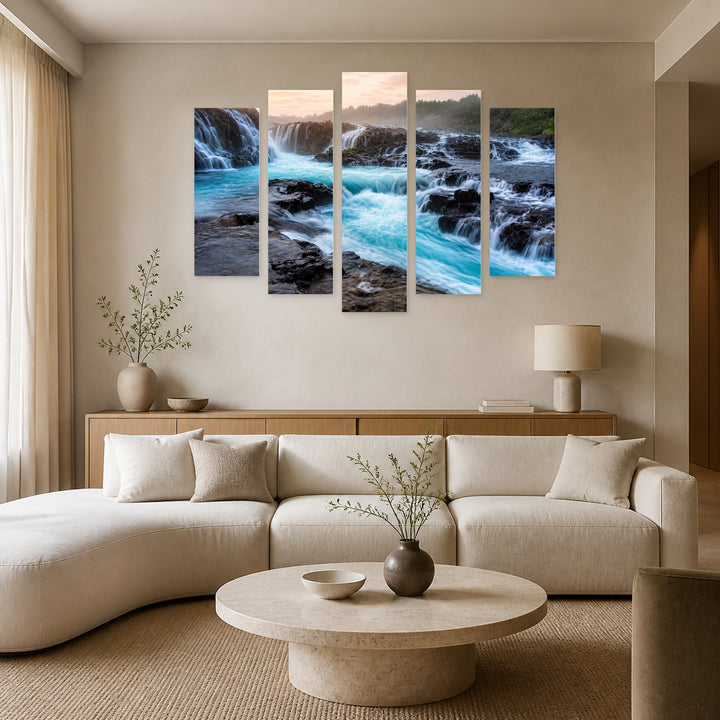 Landscape with Waterfalls in Serene Light — five-panel wall art in frontal interior | 5wallart 55417 M3
