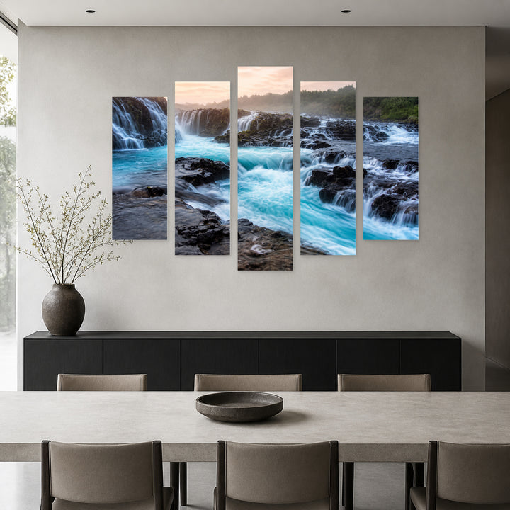 Landscape with Waterfalls in Serene Light — five-panel wall art in alternate frontal interior | 5wallart 55417 M4