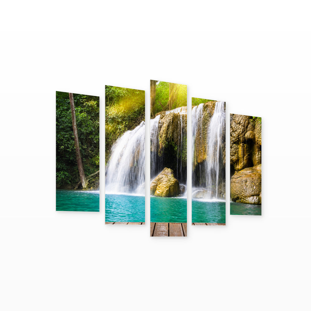 Waterfall with Wooden Bridge with Dreamlike Atmosphere — five-panel wall art on white background in perspective | 5wallart 55419 M1