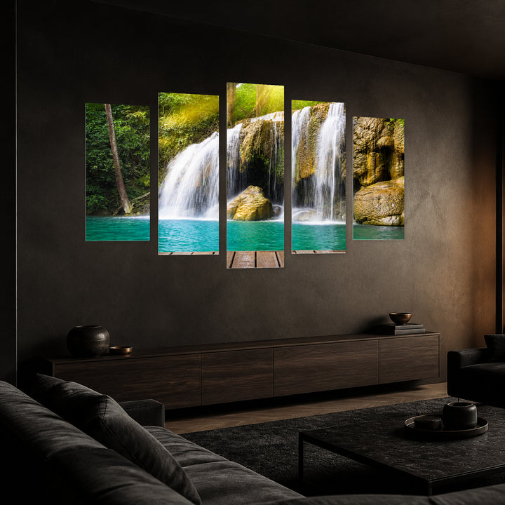 Waterfall with Wooden Bridge with Dreamlike Atmosphere — five-panel wall art in perspective interior | 5wallart 55419 M2