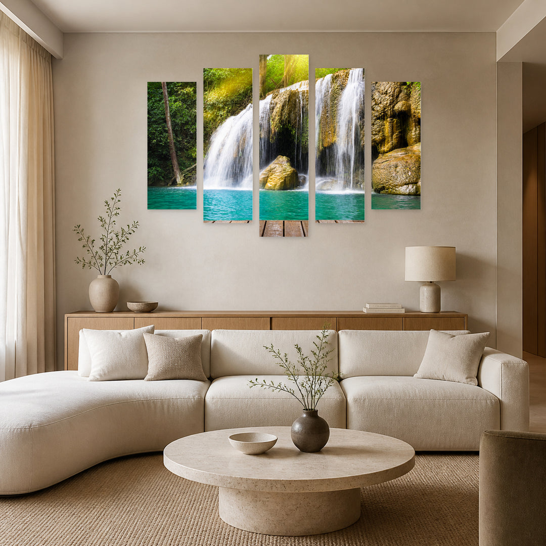 Waterfall with Wooden Bridge with Dreamlike Atmosphere — five-panel wall art in frontal interior | 5wallart 55419 M3