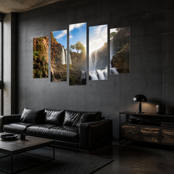Waterfalls with Dreamlike Atmosphere — five-panel wall art in perspective interior | 5wallart 55420 M2