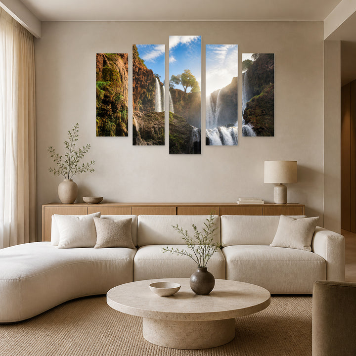 Waterfalls with Dreamlike Atmosphere — five-panel wall art in alternate frontal interior | 5wallart 55420 M4