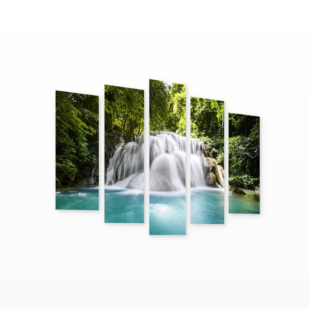 Large Forest Waterfalls with Dramatic Contrast — five-panel wall art on white background in perspective | 5wallart 55421 M1