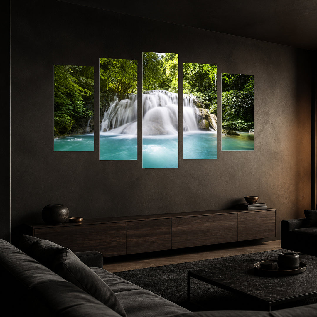 Large Forest Waterfalls with Dramatic Contrast — five-panel wall art in perspective interior | 5wallart 55421 M2