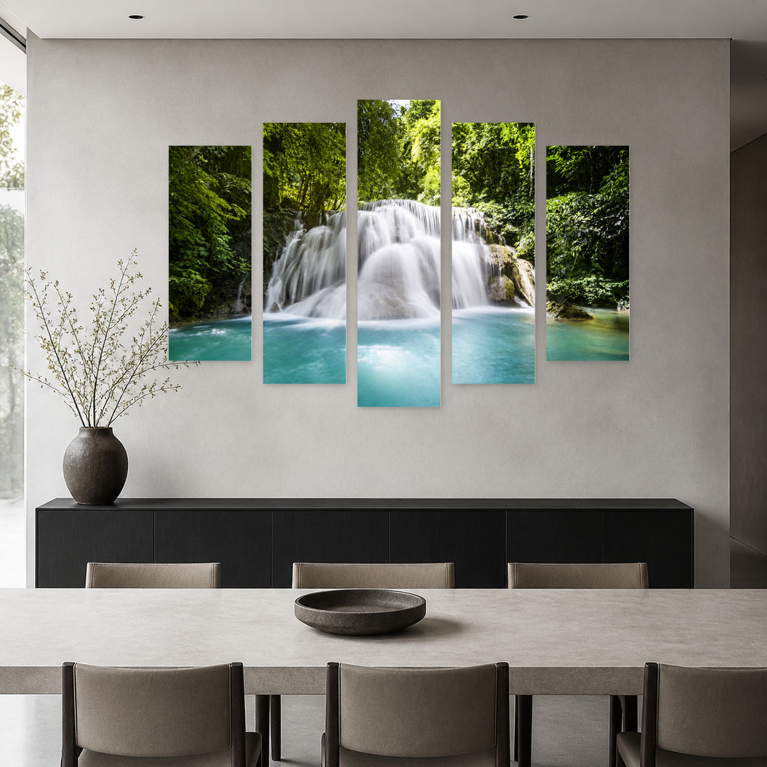 Large Forest Waterfalls with Dramatic Contrast — five-panel wall art in alternate frontal interior | 5wallart 55421 M4