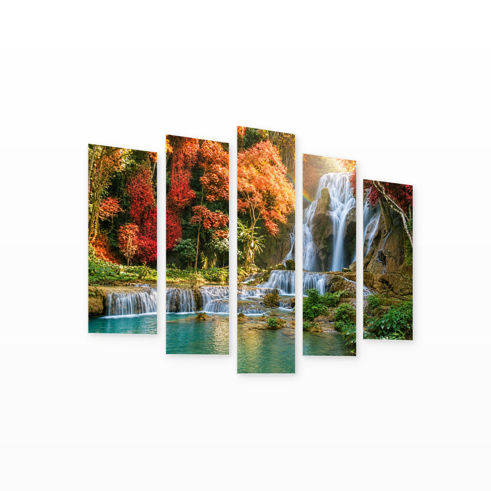 Waterfall with Rainbow in the Forest — five-panel wall art on white background in perspective | 5wallart 55423 M1