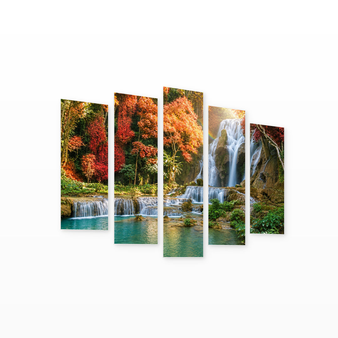 Waterfall with Rainbow in the Forest — five-panel wall art on white background in perspective | 5wallart 55423 M1