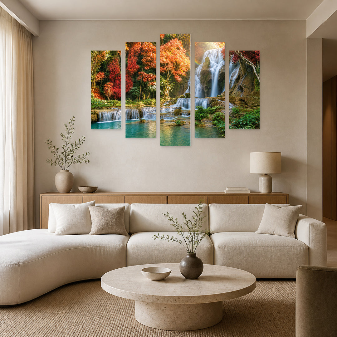 Waterfall with Rainbow in the Forest — five-panel wall art in frontal interior | 5wallart 55423 M3