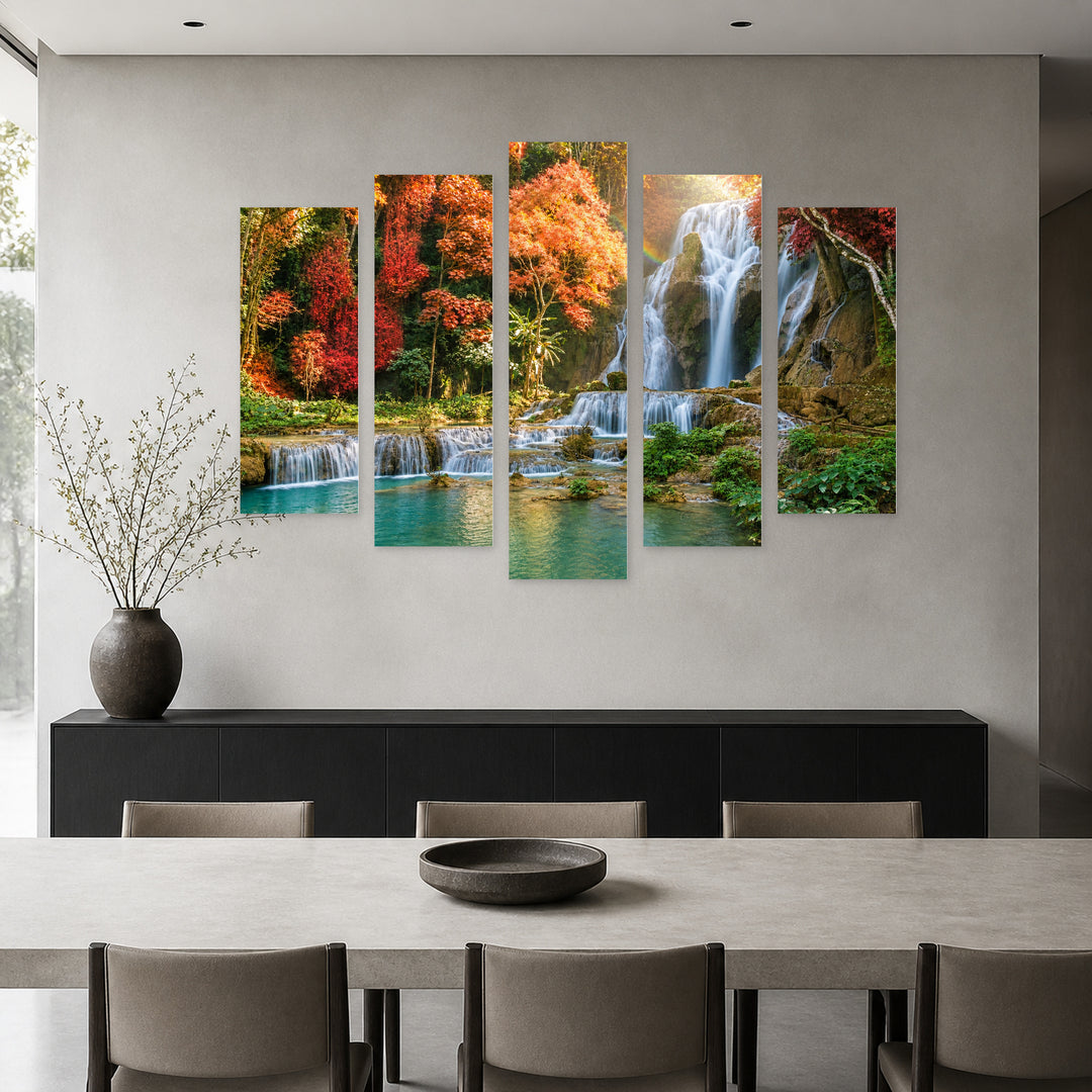 Waterfall with Rainbow in the Forest — five-panel wall art in alternate frontal interior | 5wallart 55423 M4