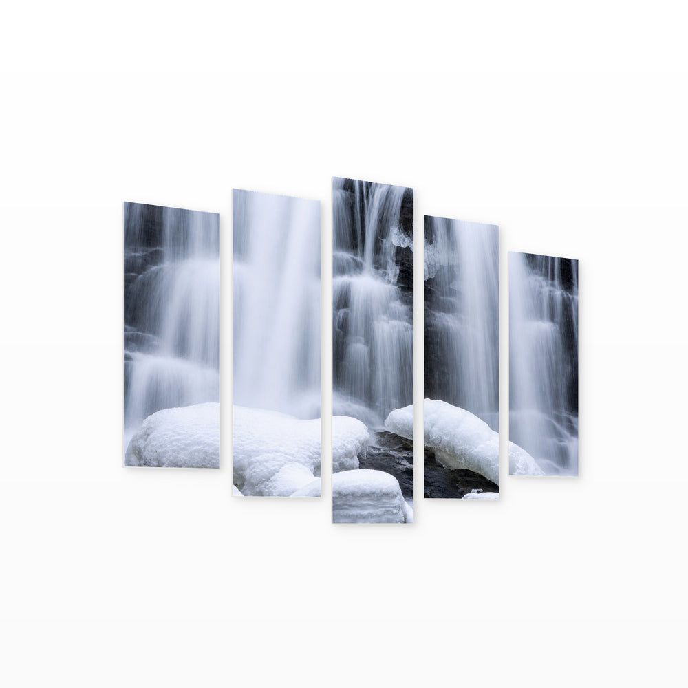 Snowy Waterfalls in Serene Light — five-panel wall art on white background in perspective | 5wallart 55424 M1