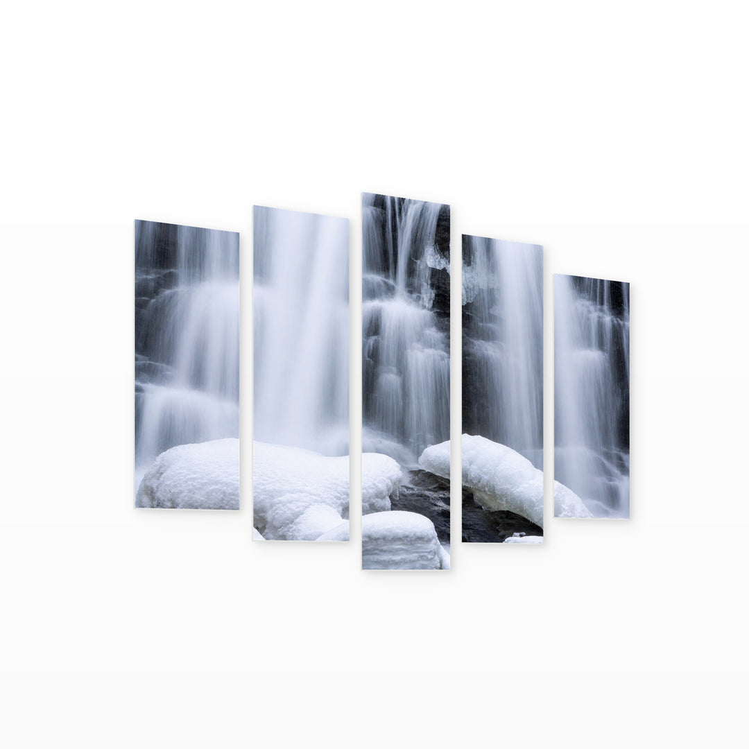 Snowy Waterfalls in Serene Light — five-panel wall art on white background in perspective | 5wallart 55424 M1