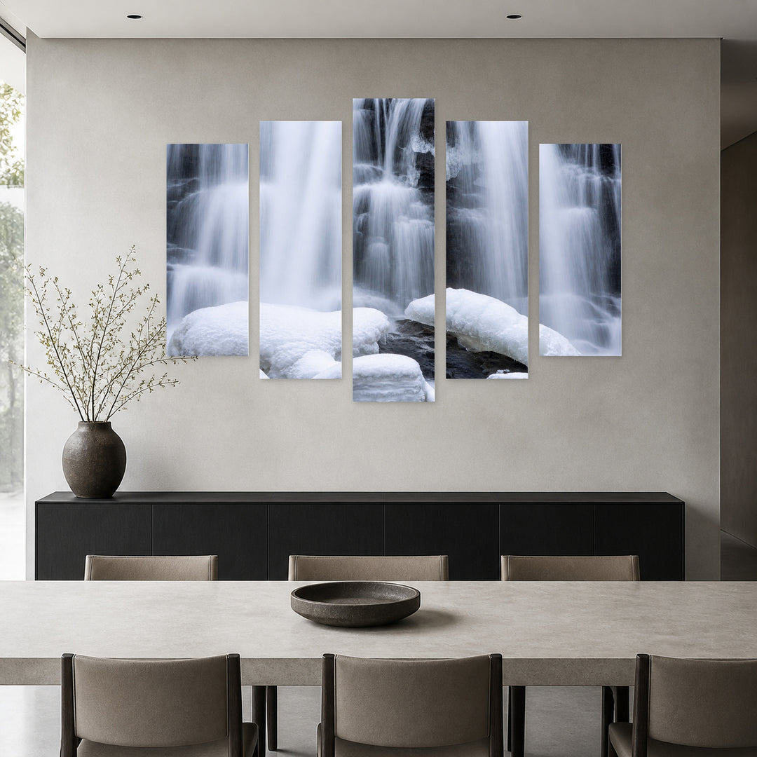 Snowy Waterfalls in Serene Light — five-panel wall art in frontal interior | 5wallart 55424 M3
