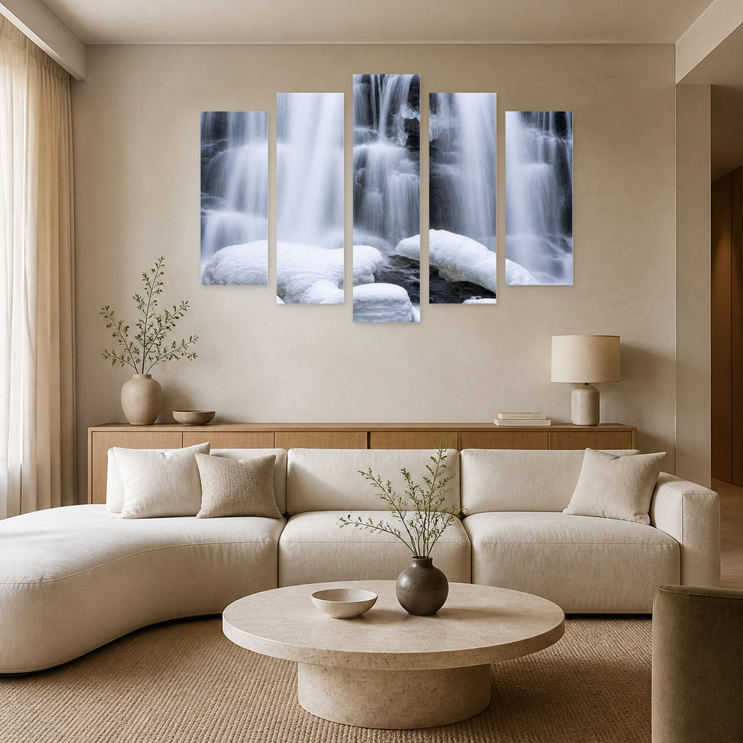 Snowy Waterfalls in Serene Light — five-panel wall art in alternate frontal interior | 5wallart 55424 M4