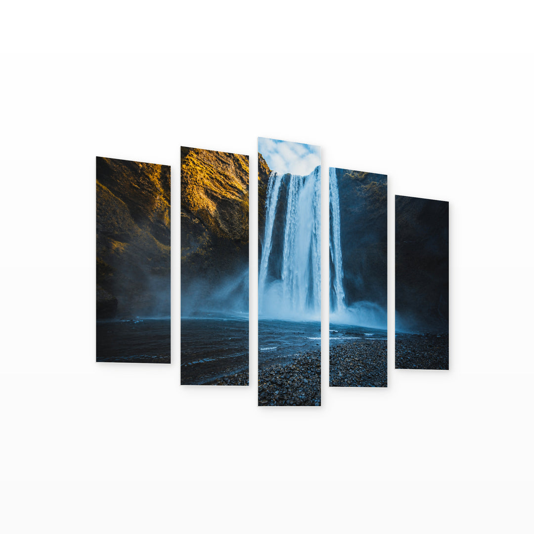 Waterfall in Blue and Gold — five-panel wall art on white background in perspective | 5wallart 55425 M1