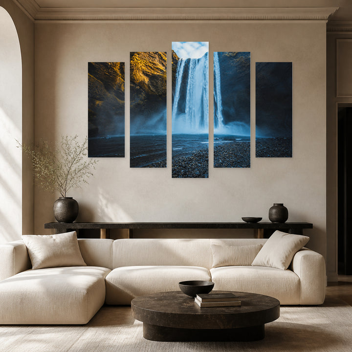 Waterfall in Blue and Gold — five-panel wall art in frontal interior | 5wallart 55425 M3