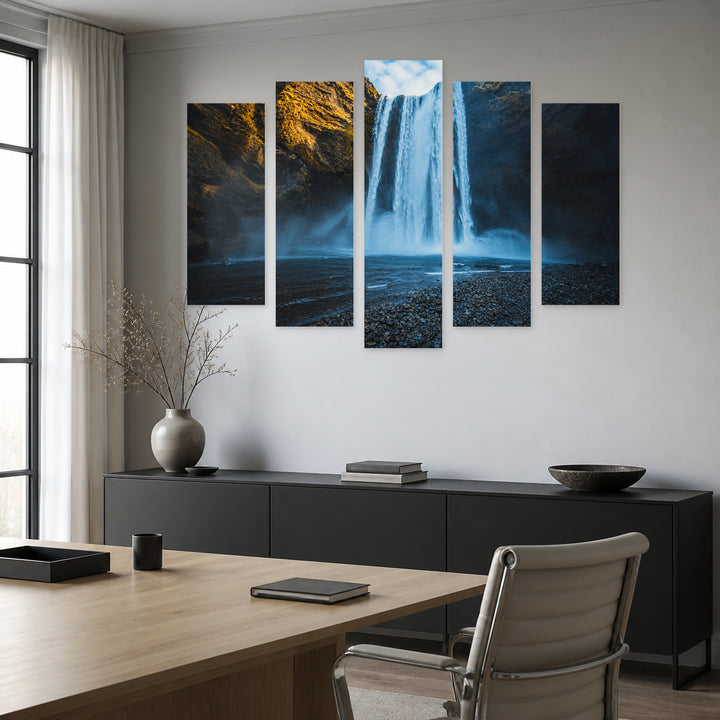 Waterfall in Blue and Gold — five-panel wall art in alternate frontal interior | 5wallart 55425 M4