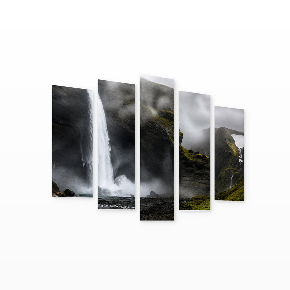 Stormy Waterfall with Dramatic Contrast — five-panel wall art on white background in perspective | 5wallart 55426 M1