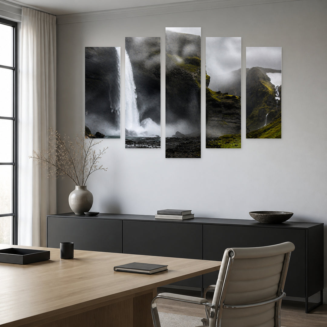 Stormy Waterfall with Dramatic Contrast — five-panel wall art in frontal interior | 5wallart 55426 M3