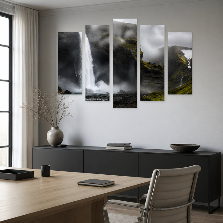 Stormy Waterfall with Dramatic Contrast — five-panel wall art in frontal interior | 5wallart 55426 M3